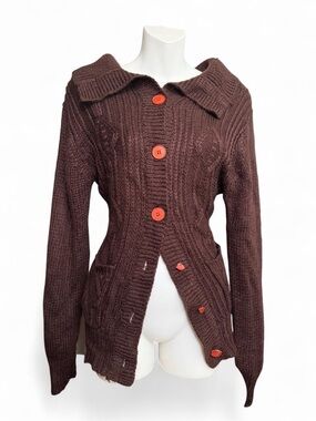 Vintage Brown Cable-Knit Cardigan with Orange Buttons